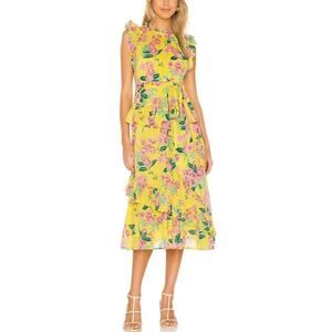 Banjanan Bella Midi Dress Yellow Aurora Print Ruffle Cotton Tie Waist Tuckernuck